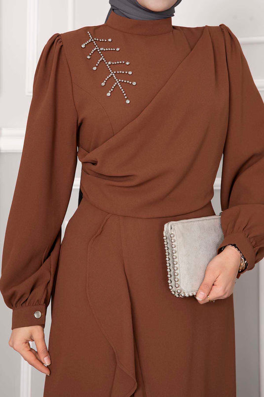 Kayla Ruches Tesettür Avondjurk Koffie