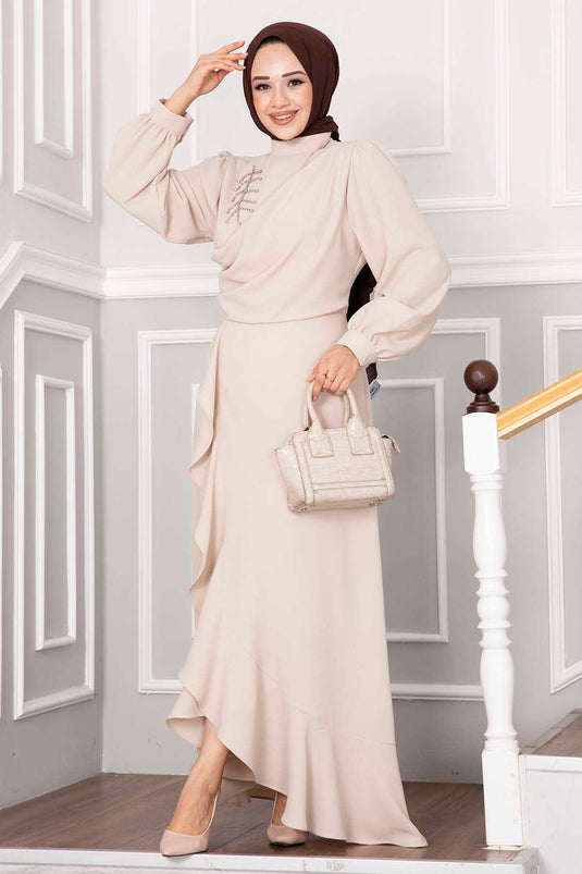 Robe De Soirée Modeste Kayla À Volants Crème