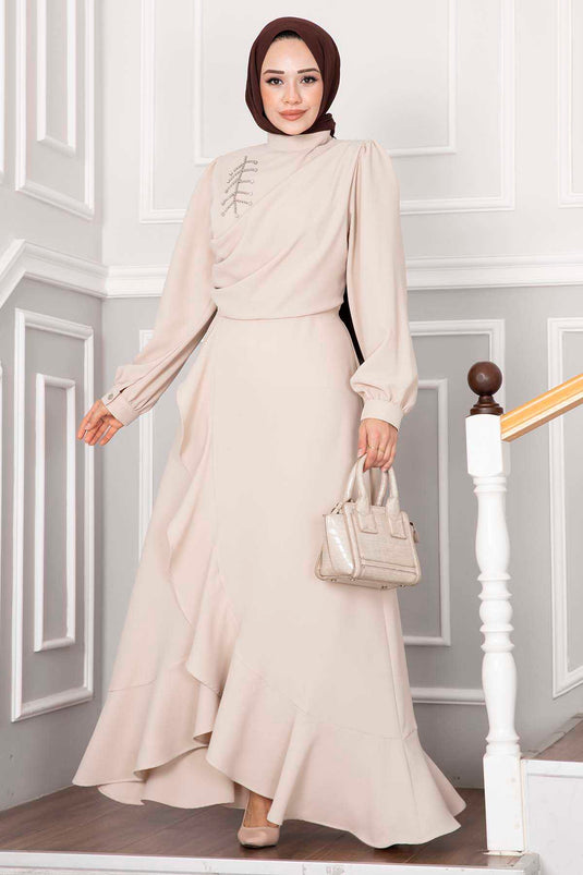 Robe De Soirée Modeste Kayla À Volants Crème