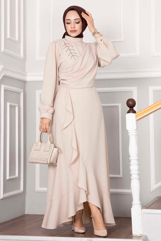 Robe De Soirée Modeste Kayla À Volants Crème