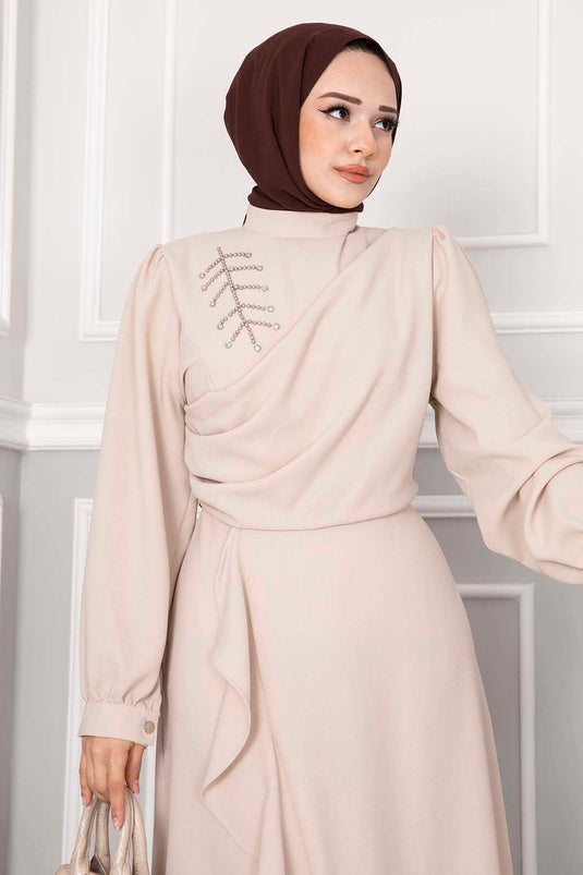 Robe De Soirée Modeste Kayla À Volants Crème