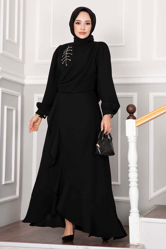 Kayla Ruches Tesettür Avondjurk Zwart