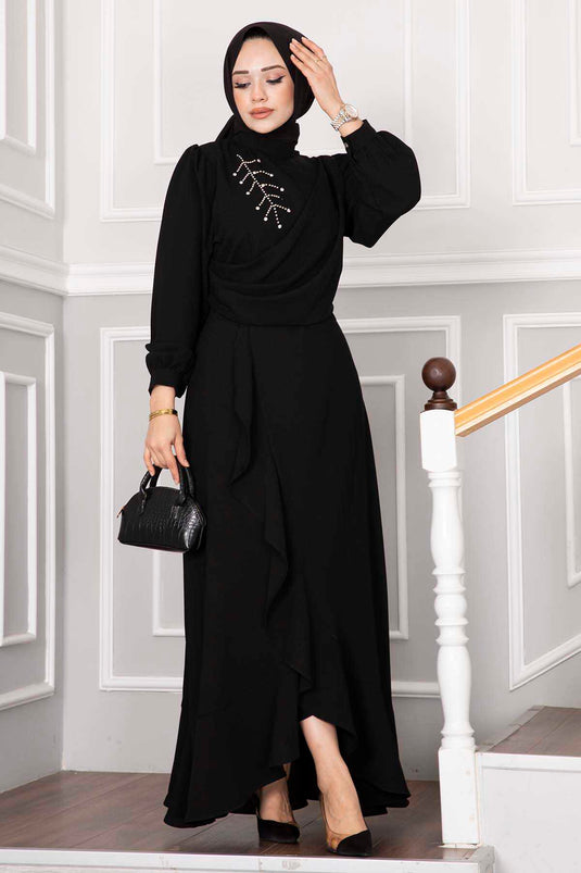 Kayla Robe De Soirée Hijab Froufrous Noir