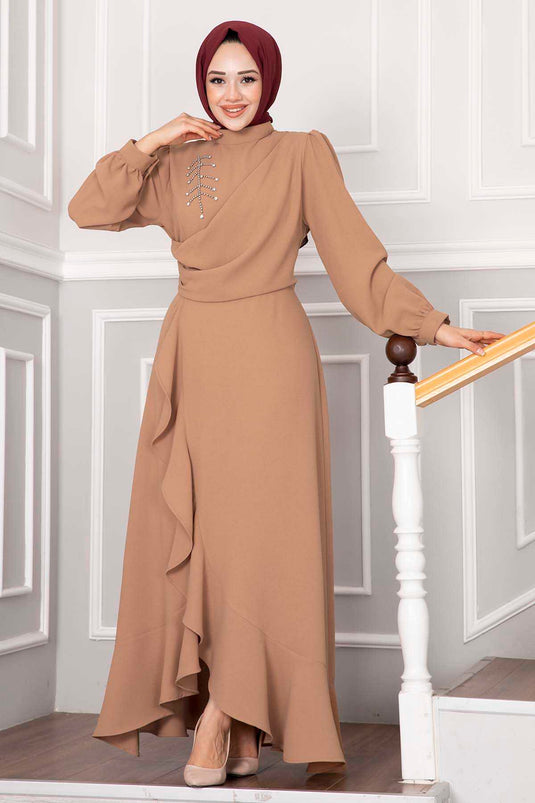 Kayla Ruches Tesettür Avondjurk Vizon