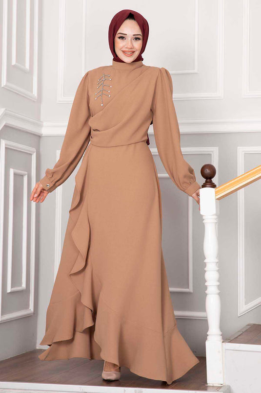 Kayla Ruches Tesettür Avondjurk Vizon