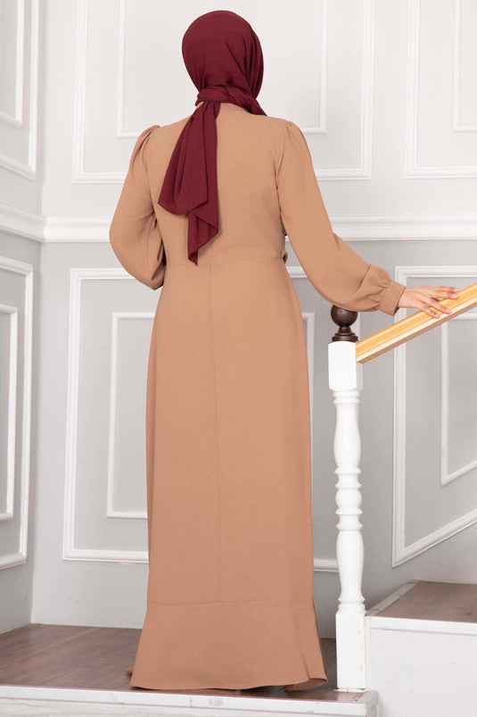 Kayla Ruches Tesettür Avondjurk Vizon