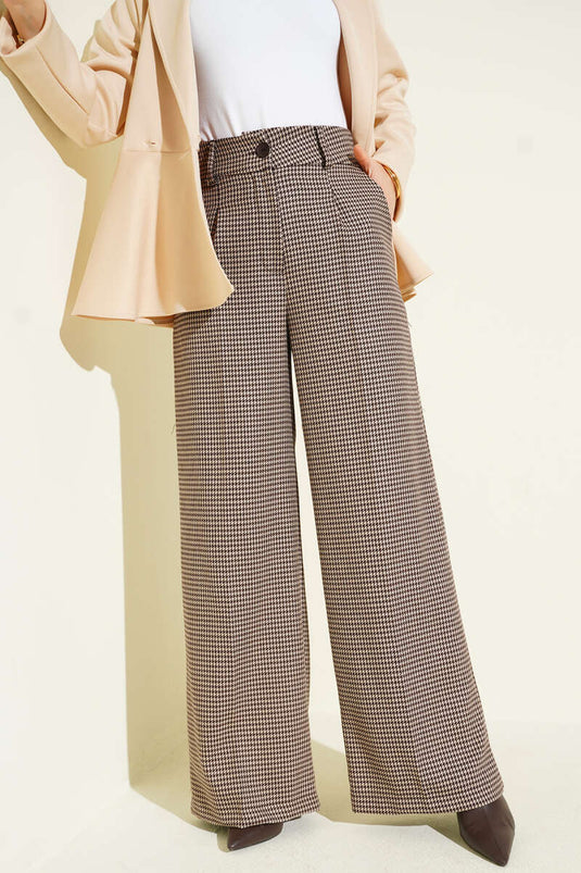 Pantalon large beige à motif pied-de-poule