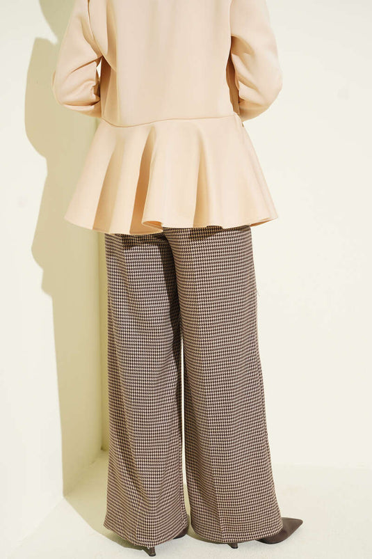 Kazayağı Desen Geniş Paça Pantolon Bej