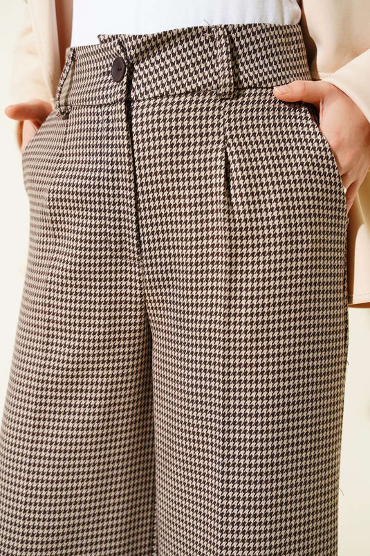 Pantalon large beige à motif pied-de-poule