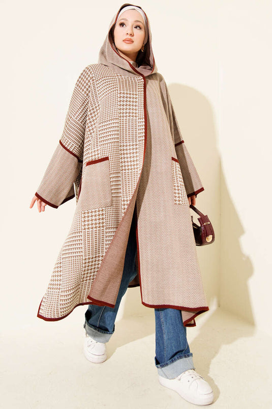 Houndstooth Pattern Hooded Poncho Latte