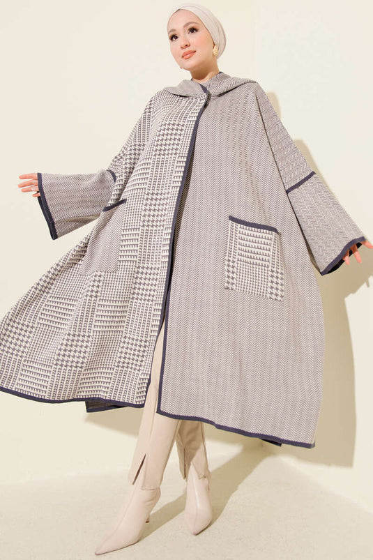 بونشو بغطاء رأس بنقشة مربعات هاوندستوث، لون أرجواني فاتح