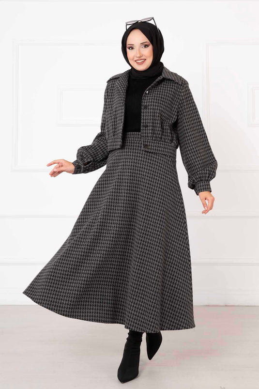 Houndstooth Patterned Crop Skirt Set Anthracite