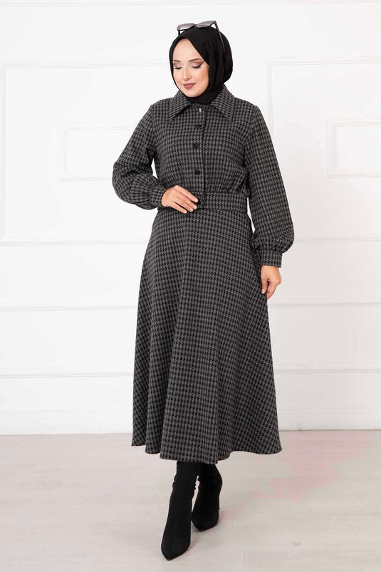 Houndstooth Patterned Crop Skirt Set Anthracite