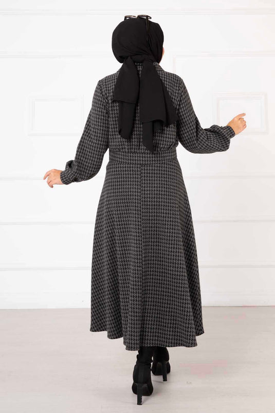 Houndstooth Patterned Crop Skirt Set Anthracite