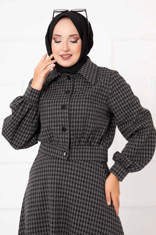 Houndstooth Patterned Crop Skirt Set Anthracite