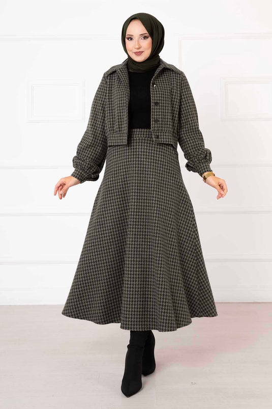 Crop-Rock-Set mit Hahnentrittmuster Khaki