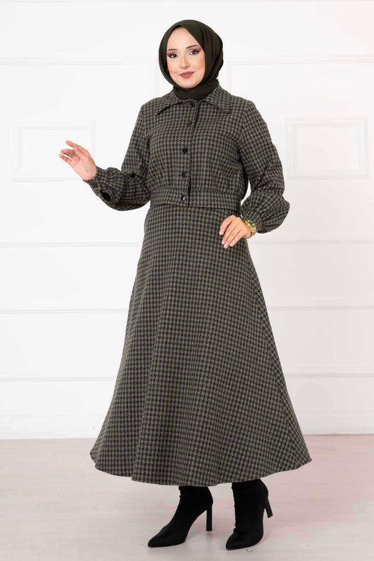 Crop-Rock-Set mit Hahnentrittmuster Khaki