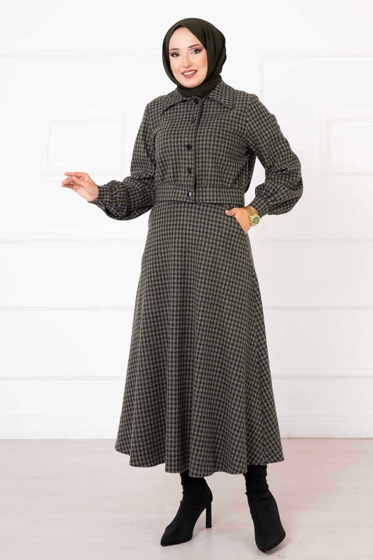 Crop-Rock-Set mit Hahnentrittmuster Khaki