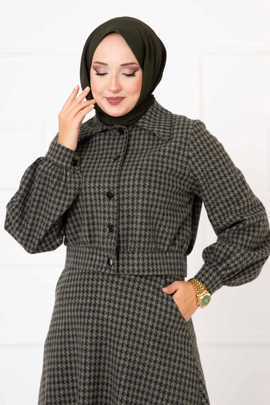 Crop-Rock-Set mit Hahnentrittmuster Khaki