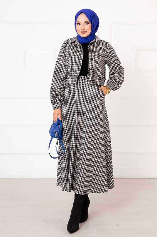 Houndstooth Patterned Crop Skirt Set Black White