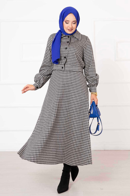 Houndstooth Patterned Crop Skirt Set Black White