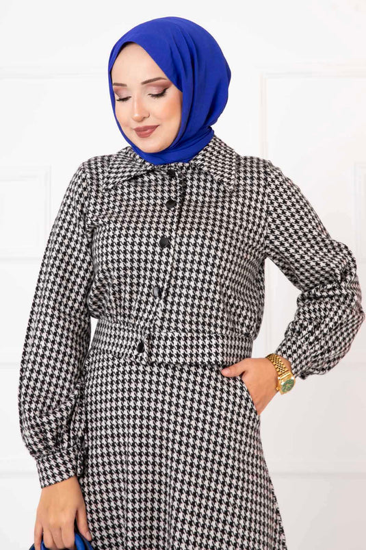 Houndstooth Patterned Crop Skirt Set Black White