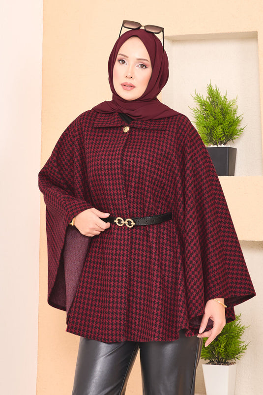 Kazayağı Desenli Kemerli Tesettür Panço Bordo