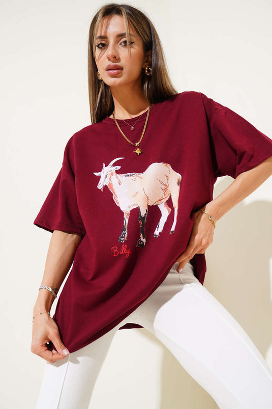 Goat Printed T-shirt Claret Red
