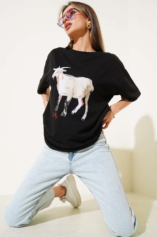 Schwarzes T-Shirt mit Ziegenmotiv