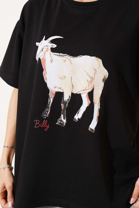 Schwarzes T-Shirt mit Ziegenmotiv