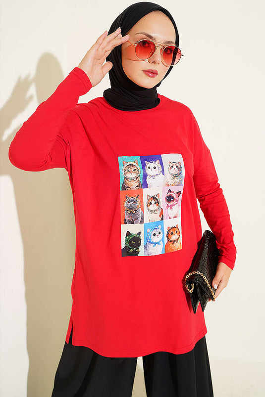 Tunique À Imprimé Chat Rouge