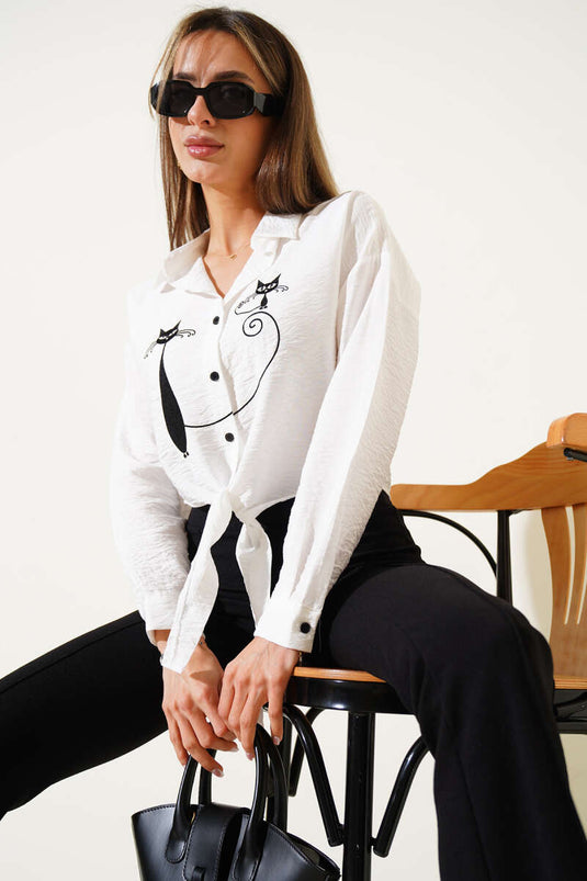 Cat Embroidered Tie Crop Shirt Ecru