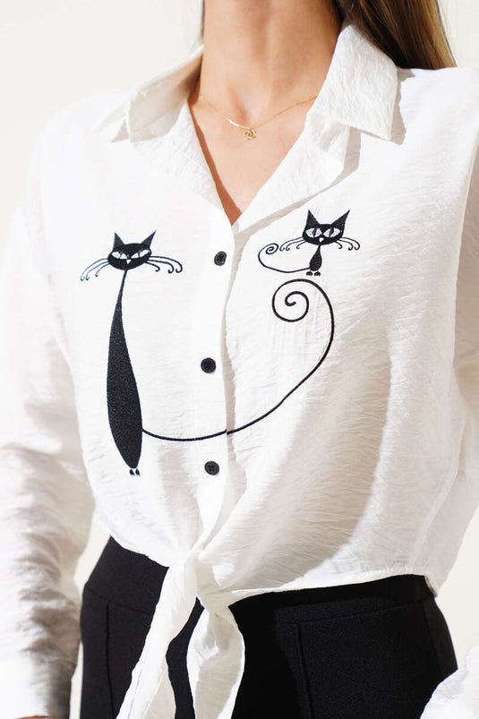 Cat Embroidered Tie Crop Shirt Ecru