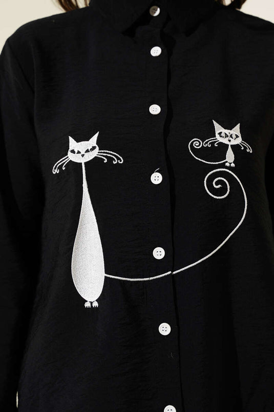 Cat Embroidered Shirt Black