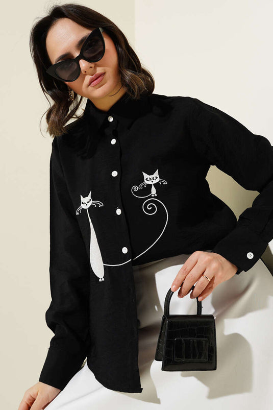 Cat Embroidered Shirt Black