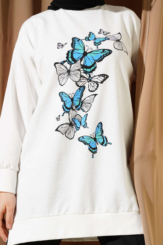 Zweifädige Tunika mit Schmetterlingsmuster, Weiß