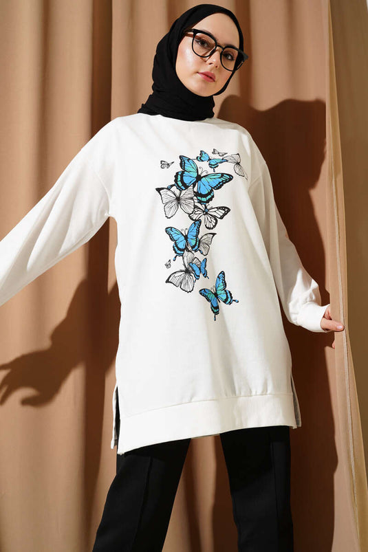 Zweifädige Tunika mit Schmetterlingsmuster, Weiß