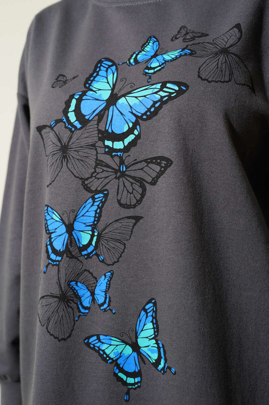 Butterfly Print Two-Thread Tunic, Smoke Grey