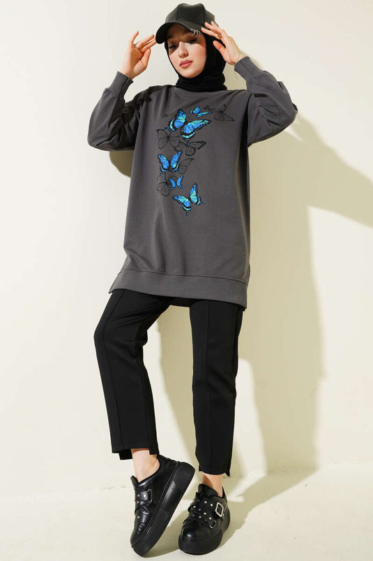 Butterfly Print Two-Thread Tunic, Smoke Grey