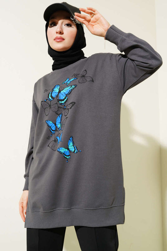 Butterfly Print Two-Thread Tunic, Smoke Grey