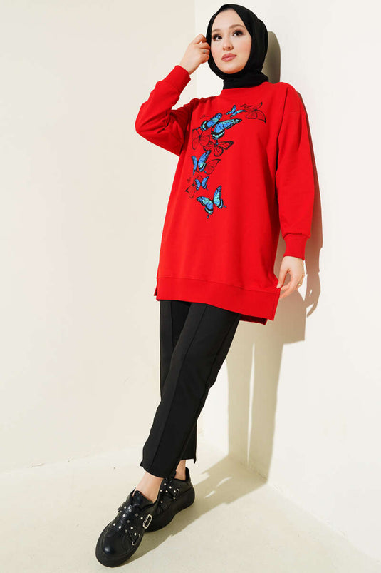 تونيك أحمر بطبعة فراشات وخيطين