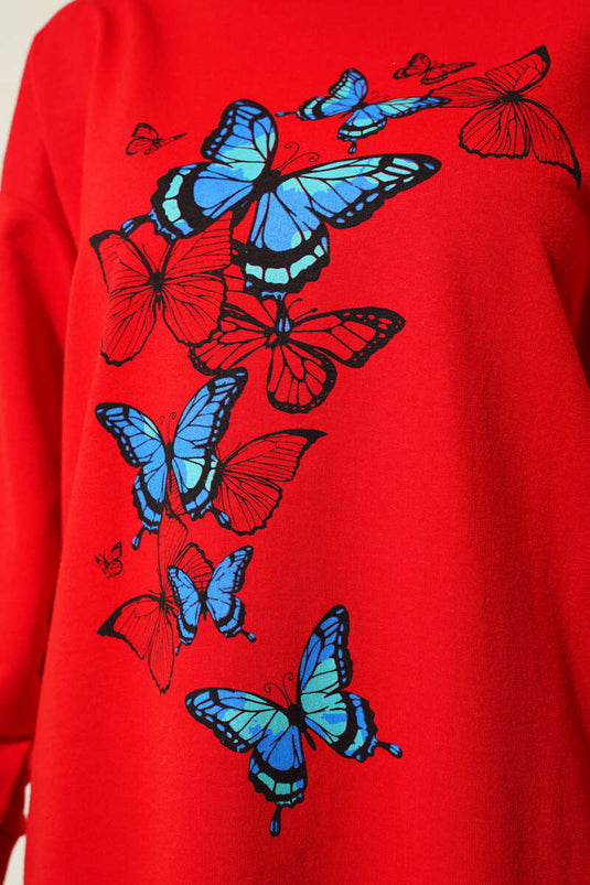 تونيك أحمر بطبعة فراشات وخيطين