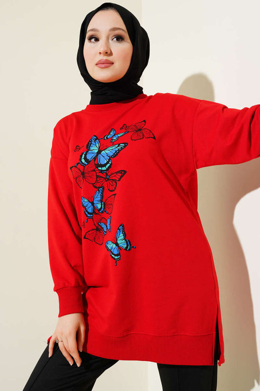 تونيك أحمر بطبعة فراشات وخيطين