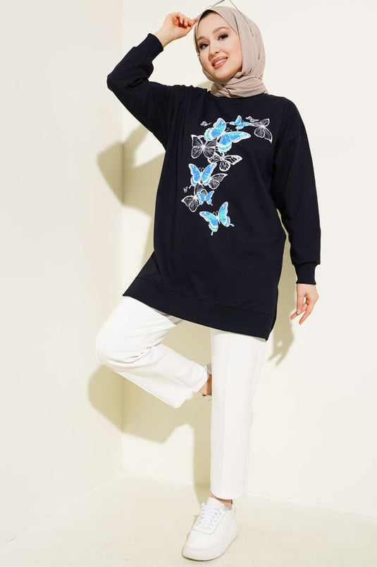 Tunique bleu marine à imprimé papillons et deux fils