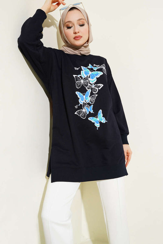 Tunique bleu marine à imprimé papillons et deux fils