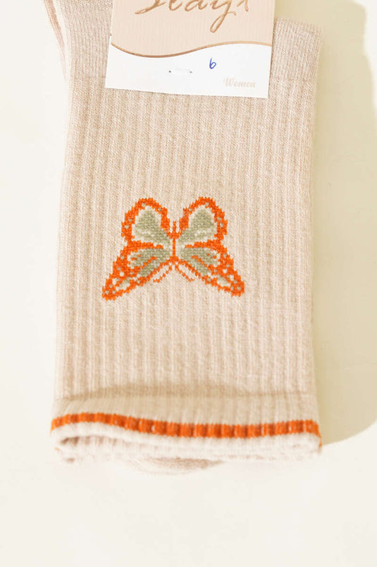 جوارب نسائية قصيرة بتفصيل فراشة بلون بيج