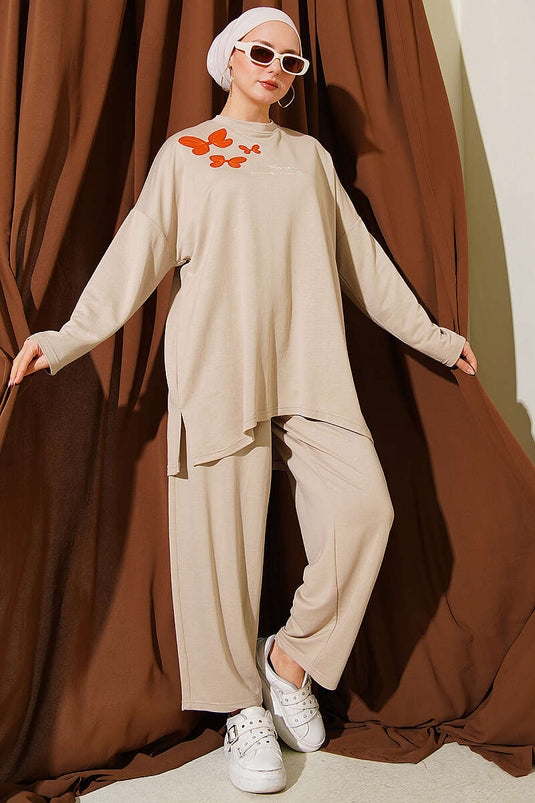 Butterfly Embroidered Two-Piece Set Beige