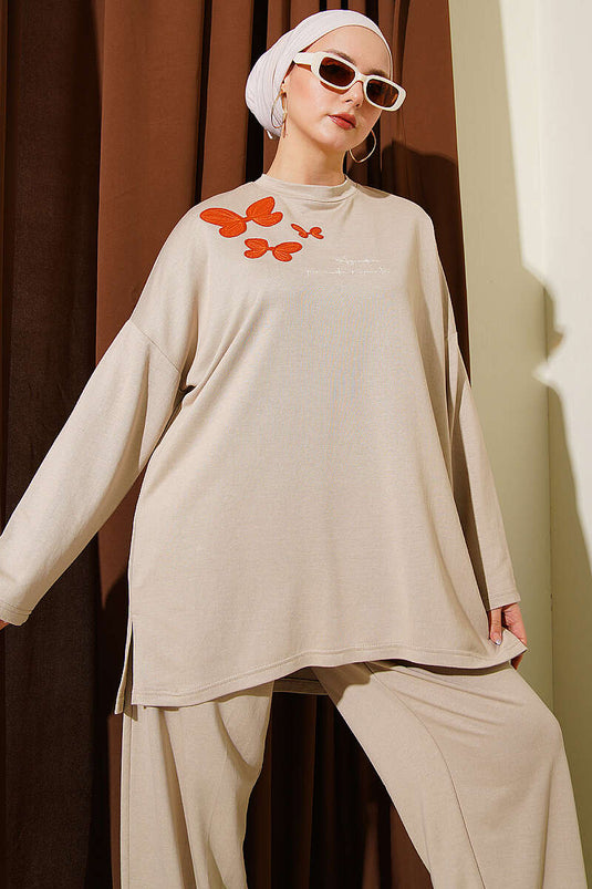 Butterfly Embroidered Two-Piece Set Beige