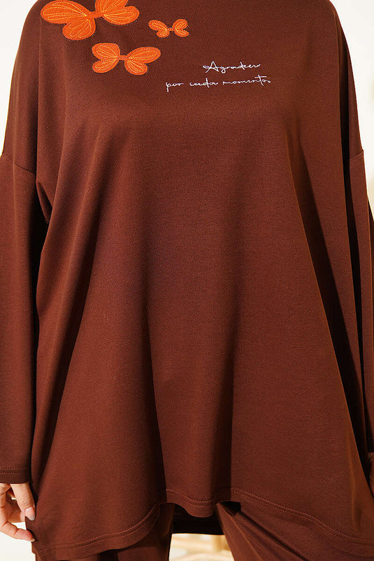 Butterfly Embroidered Two-Piece Set Brown