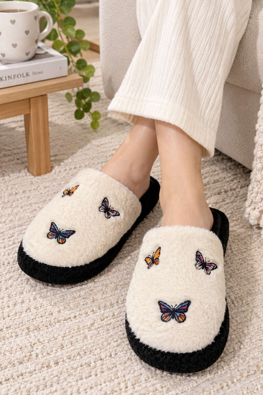 Chaussons D’intérieur En Peluche Noirs À Broderie Papillon